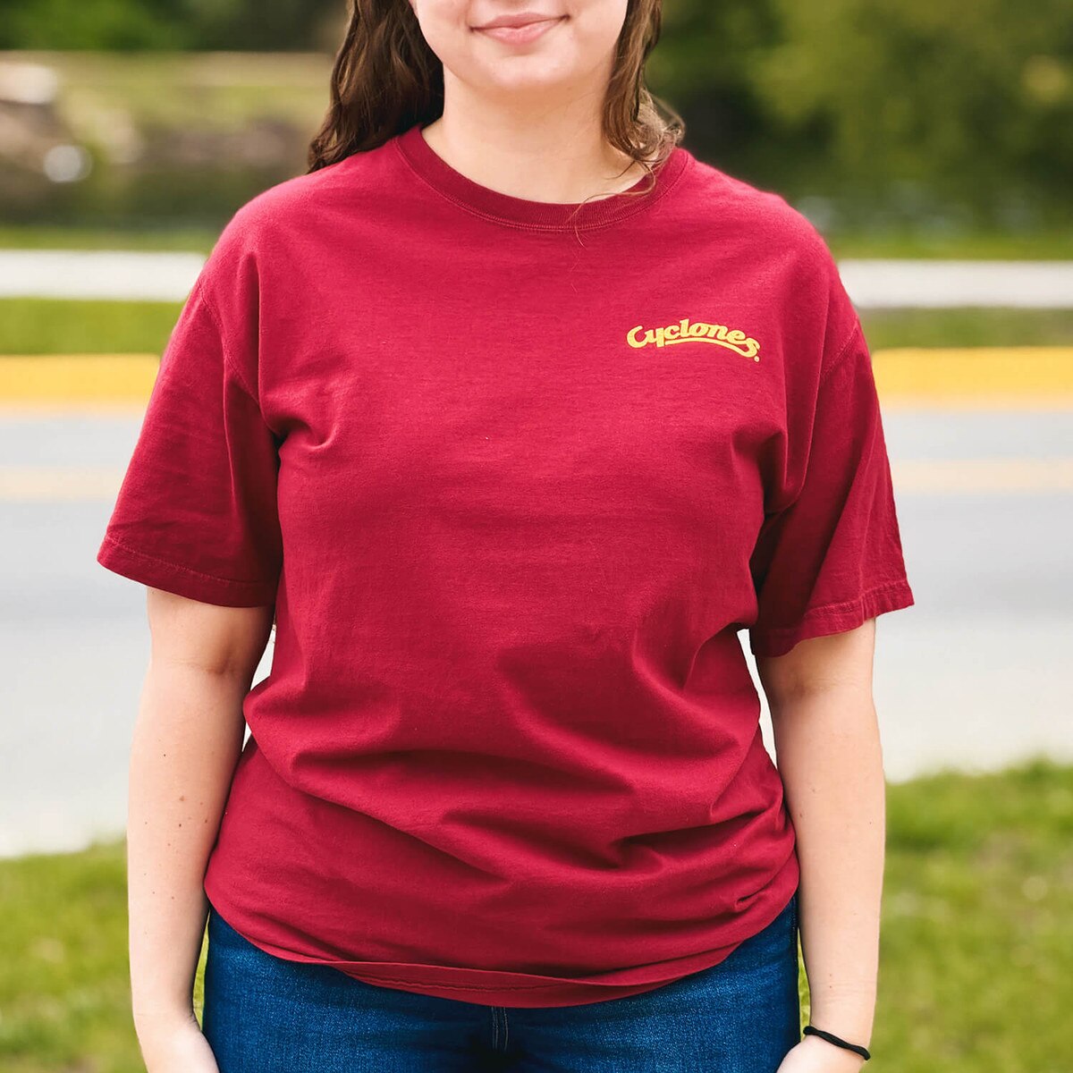 Comfort Wash Cyclones Script Cardinal Tailgate Ready Short Sleeve T-Shirt front design close up